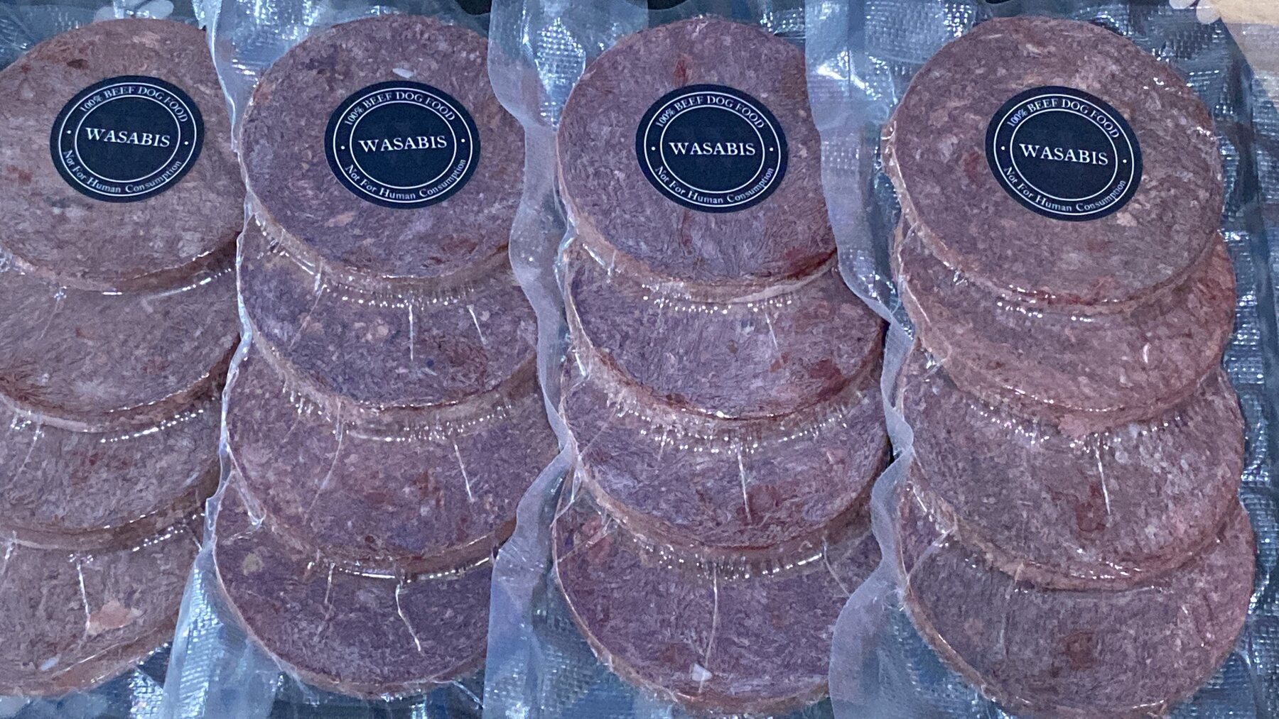 Rows of vacuum-sealed Wasabi’s patties